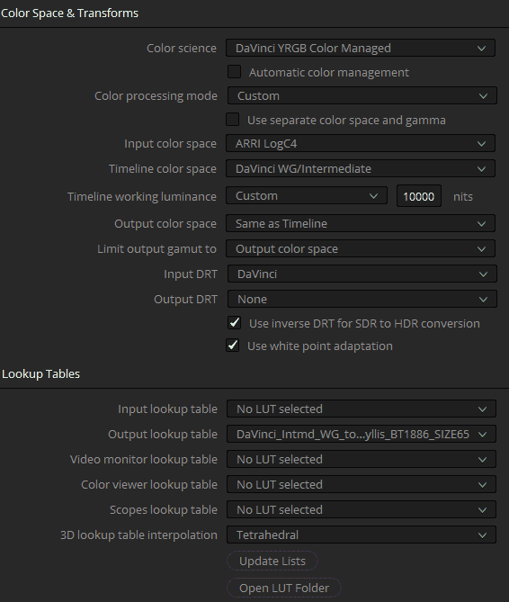 Recommended DaVinci YRGB Color Managed settings for DaVinci Intermediate Wide Gamut LUTs